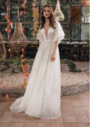 Silver Glitter Buttons Back Wedding Dress
